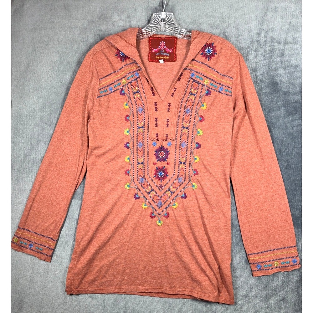 JW Johnny Was Los Angeles Shirt Hoodie Top Womens M Orange Embroidered Boho